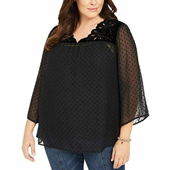 Style & Co Womens Plus 0X Black Floral Swiss Dot Eyelet V-Neck 3/4 Sleeve Top - Picture 1 of 7